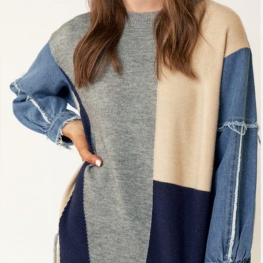 Lavaton Colorblock Sweater with Denim Accents Size S